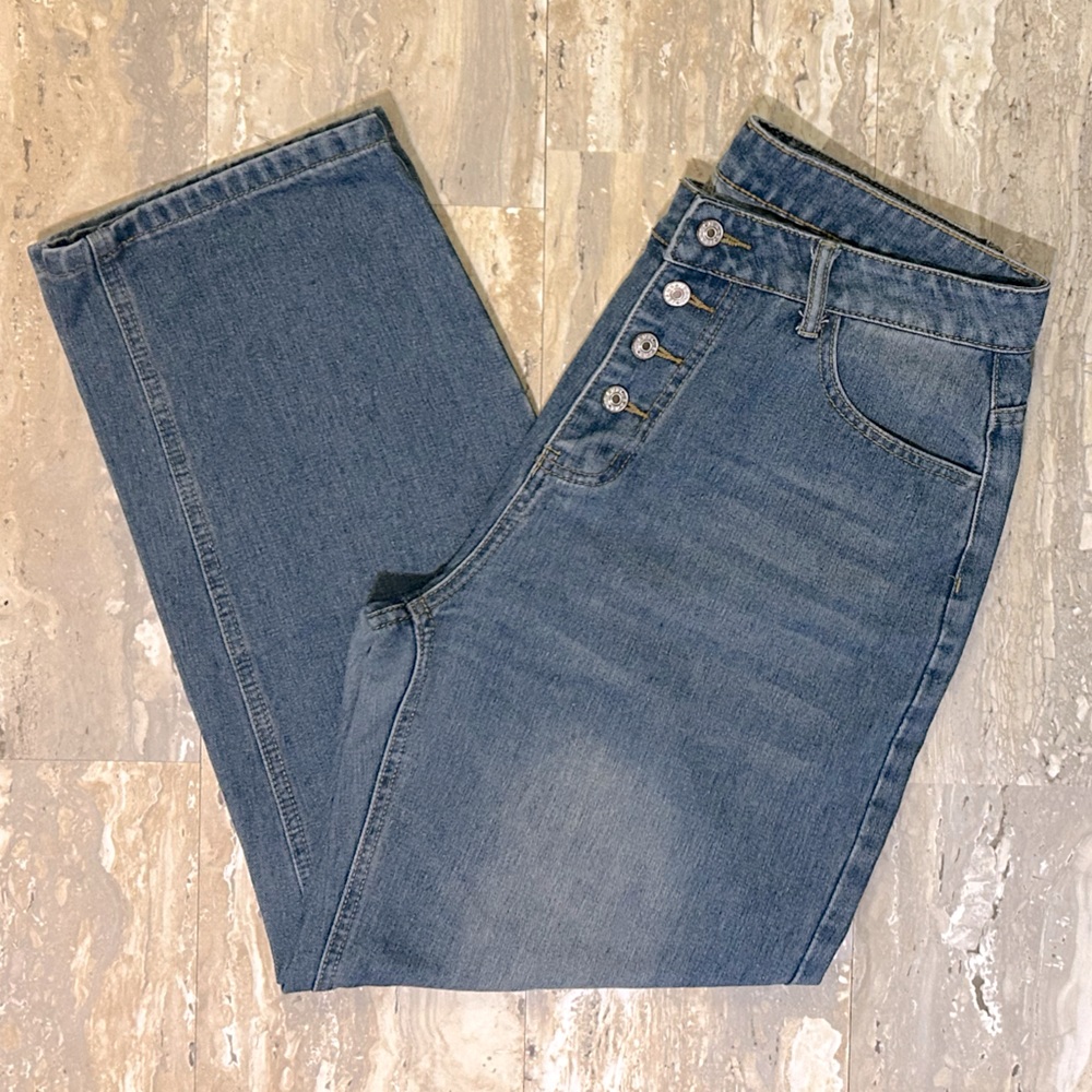 Unbranded Baggy Button Fly Wide-Legged Distressed High Rise Jeans 16? Unsized.